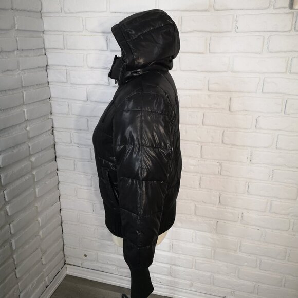 Old Navy Ladies Size Medium Shiny Black Fleece Lined Puffer Bomber Jacket - Picture 4 of 12